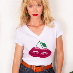 T-shirt Col V Blanc Fruit Lips