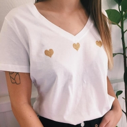 T-Shirt Col V Celine Gold Blanc