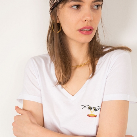 T-Shirt Col V Blanc Adamo Pasta Lover