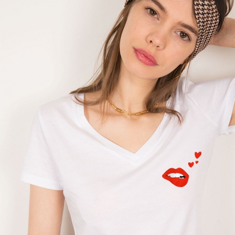 T-Shirt Col V Blanc Bouche Martina Loves
