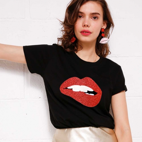 T-Shirt Noir Martina Red Glitter Big
